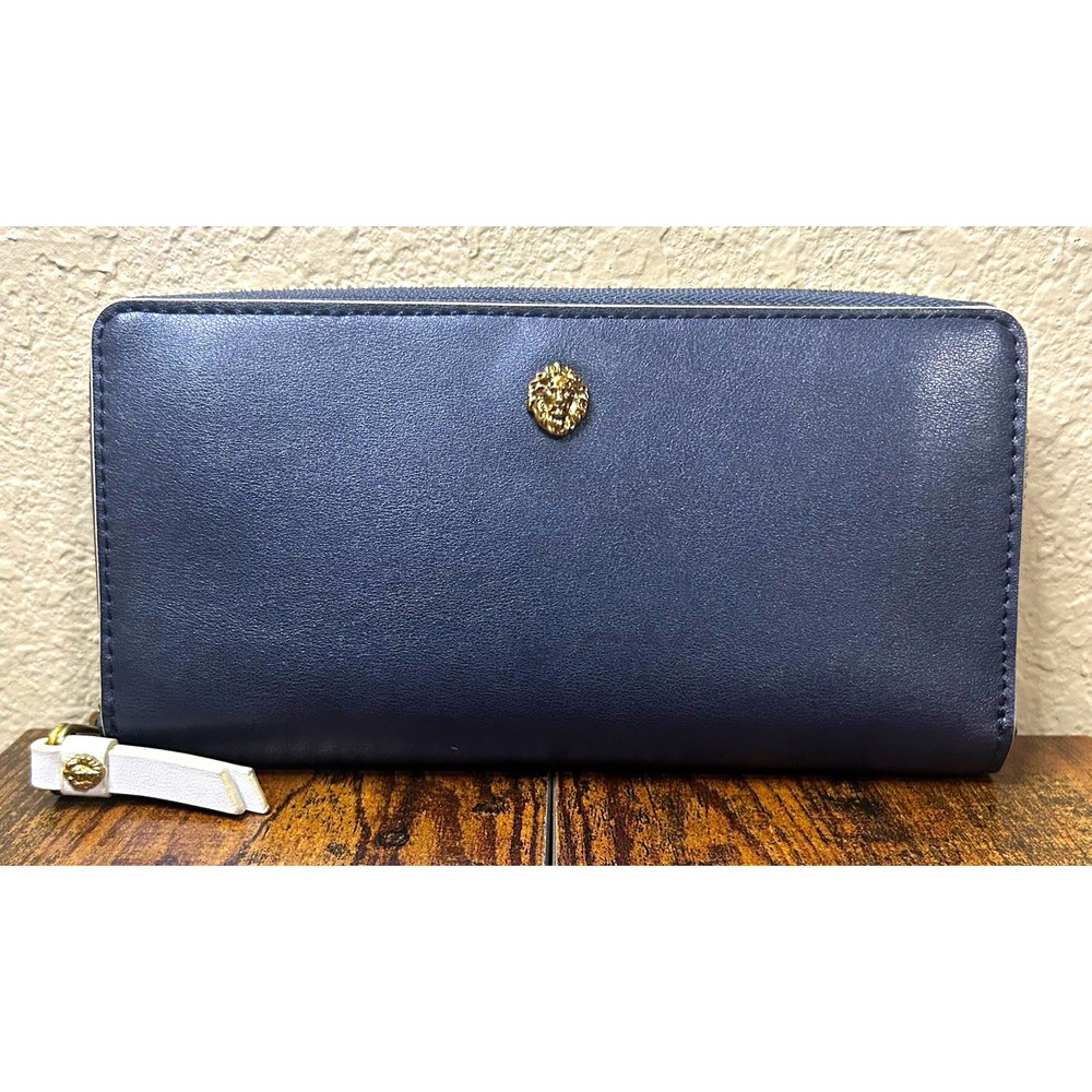 Anne Klein Navy Blue & White Zip Around Clutch w/Gold Lion Embellishment
